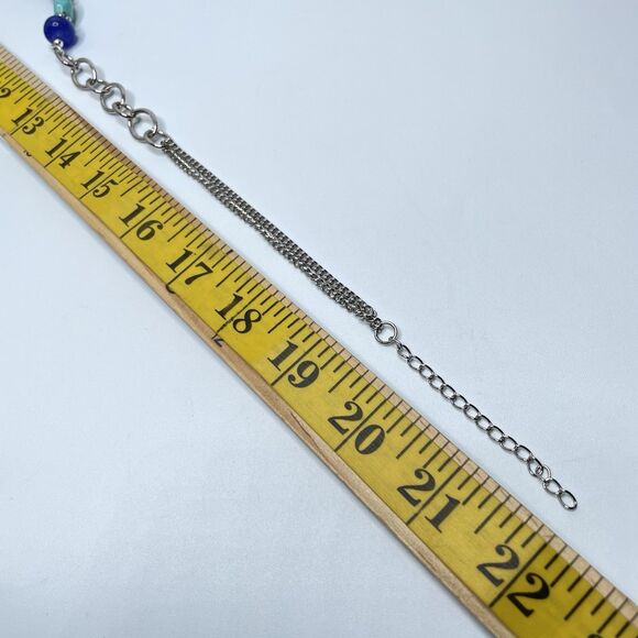 Boho Green Blue Gemstone Beaded Bar Silvertone Chain Necklace Chunky Statement - Picture 7 of 7